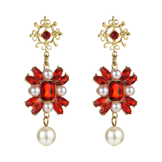 Red Crystal and Faux Pearl Vintage Style Drop Earrings