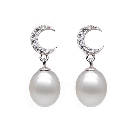 AAA White Drop Freshwater Cultured Pearl CZ Crescent...