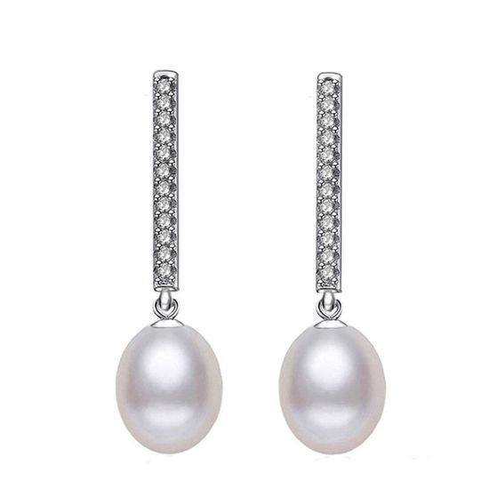 AAA White Freshwater Cultured Pearl CZ Bar Hallmarked...