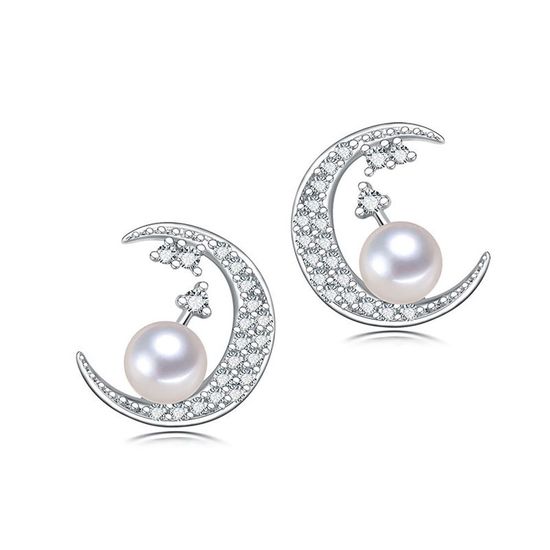 AAA White Freshwater Cultured Pearl CZ Crescent Hallmarked Sterling Silver Stud Earrings