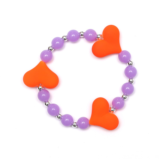 Medium Orchid Fashion Acrylic Beads and Hearts Stretchy Bracelet for Kids