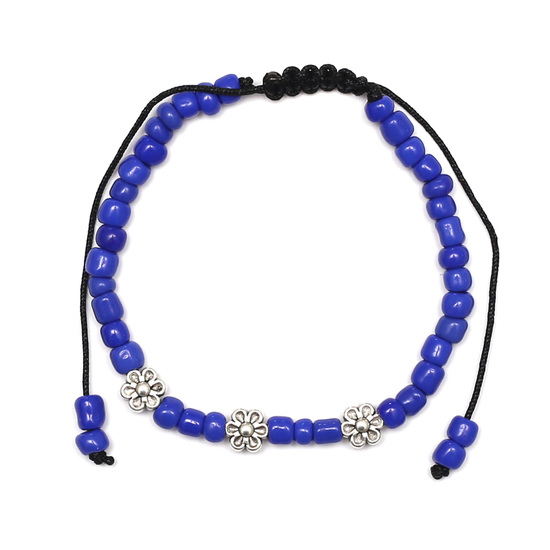 Fashion Shamballa Adjustable Bracelet for kids with Blue Glass Seed Beads, Tibetan Style Flowers Beads and Nylon Thread