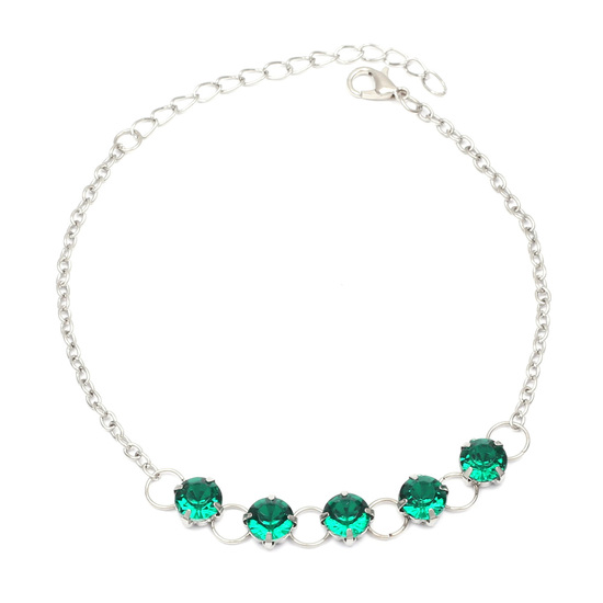 Green crystals silver-tone anklet