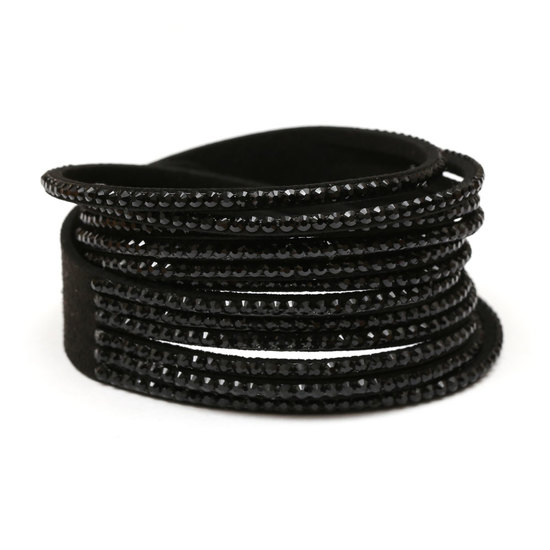 Fashion Slake Double Wrap Faux Suede Bracelet with Plastic Rhinestone (Black)