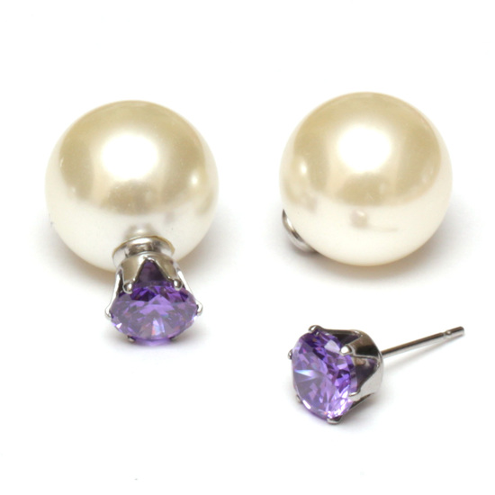 Violet CZ acrylic pearl bead 304 stainless steel double sided ear studs