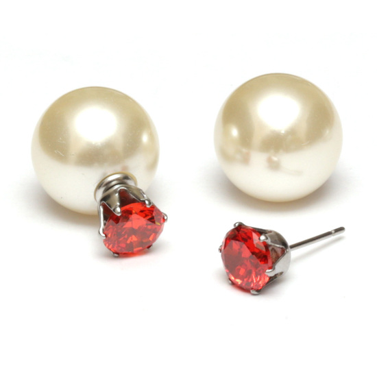 Orange red CZ acrylic pearl bead 304 stainless steel double sided ear studs