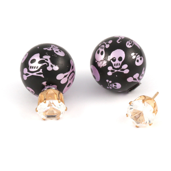 Pink skull resin ball with CZ double sided ear studs