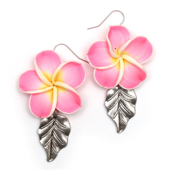 Handmade Pink Leelawadee Flower Polymer Clay Dangle Earrings with Tibetan Style Leaf Charm