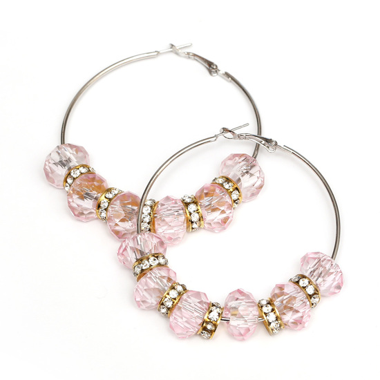Basketball Wives Hoop Earrings with Glass European Beads and Grade A Brass Rhinestone Beads, Pink