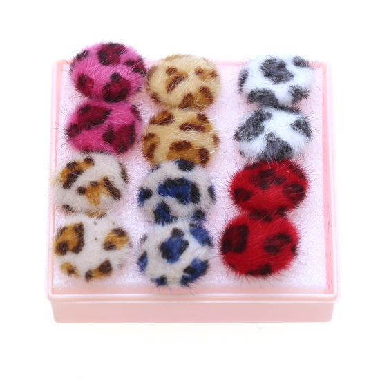 Box of 6 pairs vibrant velvet leopard round button stud earrings - plastic posts 