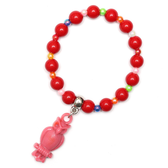 Red Fashion Acrylic Bead Bracelet for Kids with Baby Pink Owl Pendant