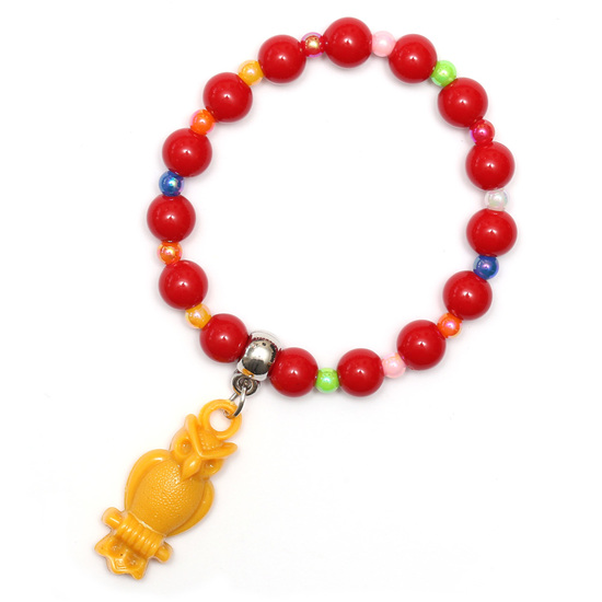 Red Fashion Acrylic Bead Bracelet for Kids with Orange Owl Pendant