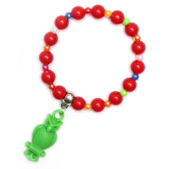 Red Fashion Acrylic Bead Bracelet for Kids with Green Owl Pendant