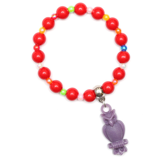 Red Fashion Acrylic Bead Bracelet for Kids with Purple Owl Pendant