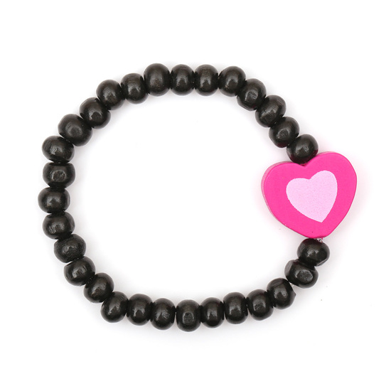 Black wooden stretchy kids bracelet with pink heart charm