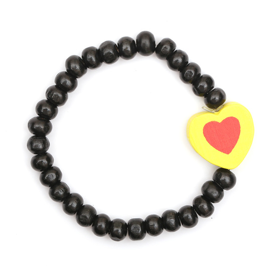 Black wooden stretchy kids bracelet with yellow...