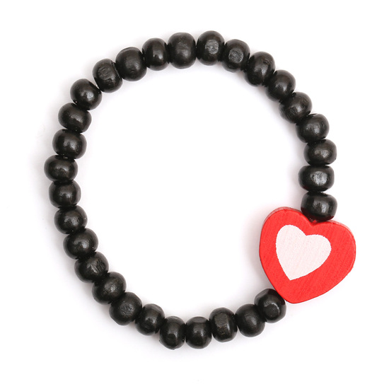 Black wooden stretchy kids bracelet with red heart charm