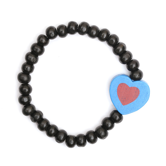 Black wooden stretchy kids bracelet with blue heart charm