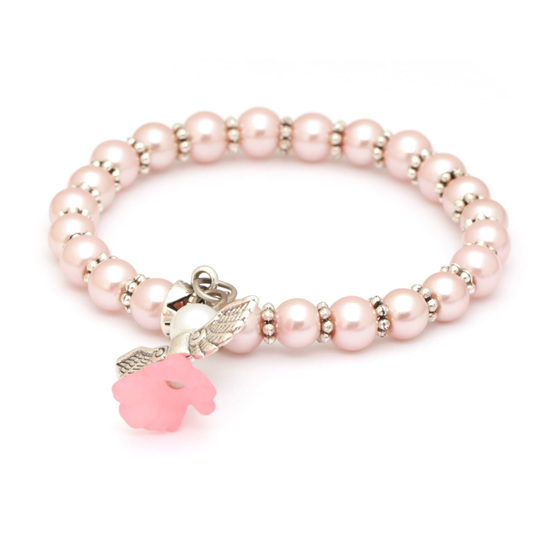 Lovely Bridal Light Pink Glass Pearl Beads Stretchy Bracelet for Kids with Angel Charm