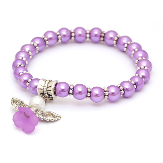 Lovely Bridal Orchid Glass Pearl Beads Stretchy Bracelet for Kids with Angel Charm