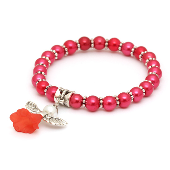 Lovely Bridal Red Glass Pearl Beads Stretchy Bracelet for Kids with Angel Charm