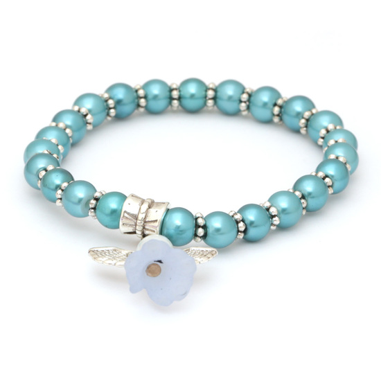 Lovely Bridal Cyan Glass Pearl Beads Stretchy Bracelet for Kids with Angel Charm