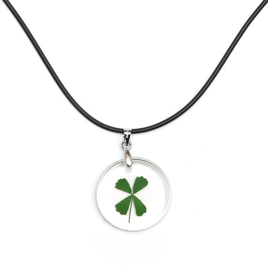 Clear round resin with green four leaf clover inlaid pendant necklace