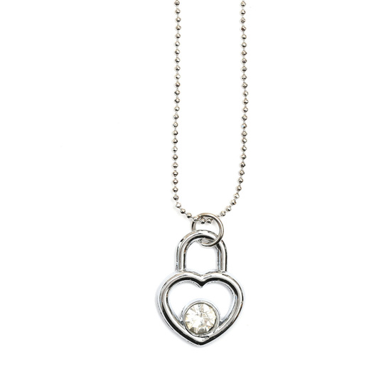 Silver tone heart locker with rhinestone pendant necklace