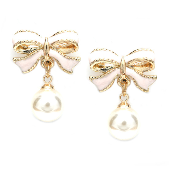 Enamel bow with white faux pearl drop clip on earrings